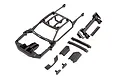 Traxxas body support and roof skid plate set for RC vehicles, including a black plastic roll cage frame, mounting brackets, and various small components.