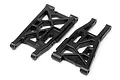 Two black molded plastic suspension arms for an HPI Trophy RC buggy, shown from an angled top-down perspective against a white background.