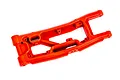 A single red heavy-duty rear right suspension arm for a Traxxas RC vehicle, shown from an angled top-down perspective against a white background.