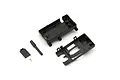 Kyosho receiver box set components including a black plastic case, antenna tube, and small screw on a white background.