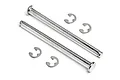 Two silver metal suspension arm pins with four matching e-clips arranged on a white background.