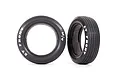 Two Traxxas 2.2 inch Mickey Thompson ET Front RC drag racing tyres with white lettering and foam inserts on a white background.