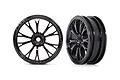 Two gloss black Traxxas 2.2 inch Weld front drag racing rims for RC cars, shown from front and angled side views.