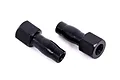 Two black steel shock mounts for Traxxas RC vehicles, shown from an angled perspective against a white background.