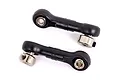 Two black plastic sway bar linkages with metal pivot balls and threaded collars for Traxxas RC vehicles.