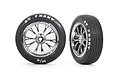 Two Traxxas 2.2 inch Mickey Thompson ET front tyres mounted on chrome Weld racing wheels against a white background.