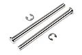 Two silver metal flanged suspension arm pins and two matching E-clips for HPI RC vehicles.