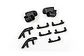 A set of black plastic scale accessories for a Traxxas 1/18 Ford Bronco, including door handles, trail sights, and bumper covers.