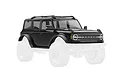 A black Traxxas 1/18 Ford Bronco RC body shell shown from a front three-quarter angle against a white background.