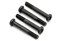 Four black metal binder head screws with fine threads arranged diagonally on a white background.