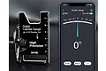 SkyRC Digital Camber Gauge for 1/10 touring cars next to a smartphone displaying the companion app interface showing a 0 degree reading.