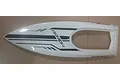 A white UDI RC boat cabin cover with black Arrow branding and geometric decals, viewed from above.