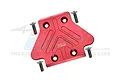 GPM Racing red anodised aluminium rear skid plate with four included mounting screws, isolated on a white background.