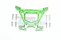 A green anodized aluminium rear shock tower for an RC car, accompanied by eight small silver metal screws, displayed against a white background.