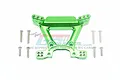 A green anodized aluminium front shock tower for an RC car, accompanied by eight silver metal screws, set against a plain white background.