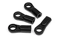 Four black plastic ball ends for RC car suspension linkages arranged on a white background.