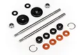 HPI Trophy Buggy shock rebuild kit containing two metal shock shafts, plastic pistons, o-rings, nuts, and clips on a white background.