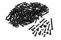 A large pile of assorted black metal screws for HPI Trophy RC vehicles, with a few individual screws laid out separately on a white background.