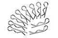 A set of ten silver-coloured metal RC body clips arranged in a fan-like pattern on a white background.