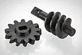 A GPM Racing 16T overdrive differential worm gear set featuring a black carbon steel pinion gear and a matching worm gear shaft.