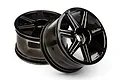 Two black chrome 7-spoke RC truggy wheels from HPI Racing, shown from a front-angled perspective against a white background.