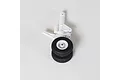 A white plastic RC nose gear strut assembly with dual black rubber wheels, viewed from above against a plain white background.