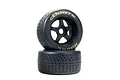 Two ARRMA dBoots Hoons RC car wheels stacked on a white background, featuring black 5-spoke rims and gold lettering on the rubber tires.