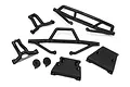 A set of black plastic bumper components for an HPI Trophy Truggy RC vehicle, including various bumper bars, mounts, and skid plates.