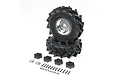 Two Losi 1/10 D&D Paddy RC tires on chrome rims, with four black plastic wheel hexes, two chrome center caps, and a set of small black screws.