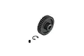 ARRMA 38T 1Mod Safe-D8 pinion gear with a small grub screw and E-clip on a white background.