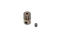 A 13-tooth steel pinion gear for RC cars shown next to a small grub screw on a white background.