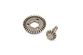 A metal bevel gear set consisting of one large ring gear and one small pinion gear on a white background.