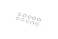Ten small, thin, circular metal washers arranged in two rows on a white background.