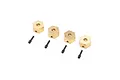Four brass hexagonal wheel hex adapters and four black threaded set screws arranged on a white background.