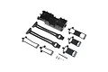 Losi Low CG Battery Tray and Straps set including a plastic battery tray, two long rubber straps, several plastic clips, and small metal hardware.