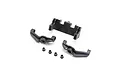 A set of black plastic RC portal axle components including a main housing, two steering knuckles, and four small bushings on a white background.