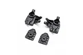 A set of four black plastic portal steering hub components for an RC vehicle, including two main hub housings and two cover plates.