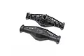 Two black plastic Axial Currie F9 portal axle housing halves shown from different angles against a white background.