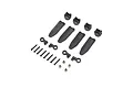 Losi shock rod ends, guards, screws, and pivot balls arranged on a white background.