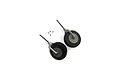 E-Flite main landing gear set featuring two wheels with metal struts and small grub screws on a white background.