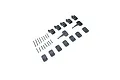 A collection of E-Flite RC plane hardware including plastic control horns, mounting plates, and metal screws arranged on a white background.
