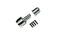 E-Flite propeller adapter with spinner nut and four small black mounting screws on a white background.
