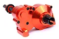 A Rovan CNC machined orange aluminium differential and gearbox case assembly for RC cars, featuring black steel screws and drive shafts.