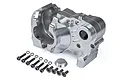 A silver aluminium 3-piece quick change gearbox case for an RC car with included mounting screws and washers on a white background.