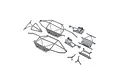 A set of grey plastic RC roll cage components and chassis parts laid out on a white background.
