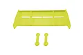 A bright yellow RC car wing with two small matching yellow plastic mounting buttons, isolated on a white background.