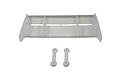 A white RC car wing with two vertical fins and two separate white mounting plates, isolated on a white background.