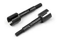 Two black metal RC drive axles with threaded ends and slotted drive cups, shown against a white background.