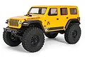 A yellow Axial SCX24 2019 Jeep Wrangler JLU RC rock crawler shown from a front three-quarter angle against a white background.
