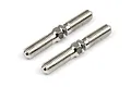 Two silver-coloured metal turnbuckles with threaded ends and a central hexagonal adjustment section, isolated on a white background.